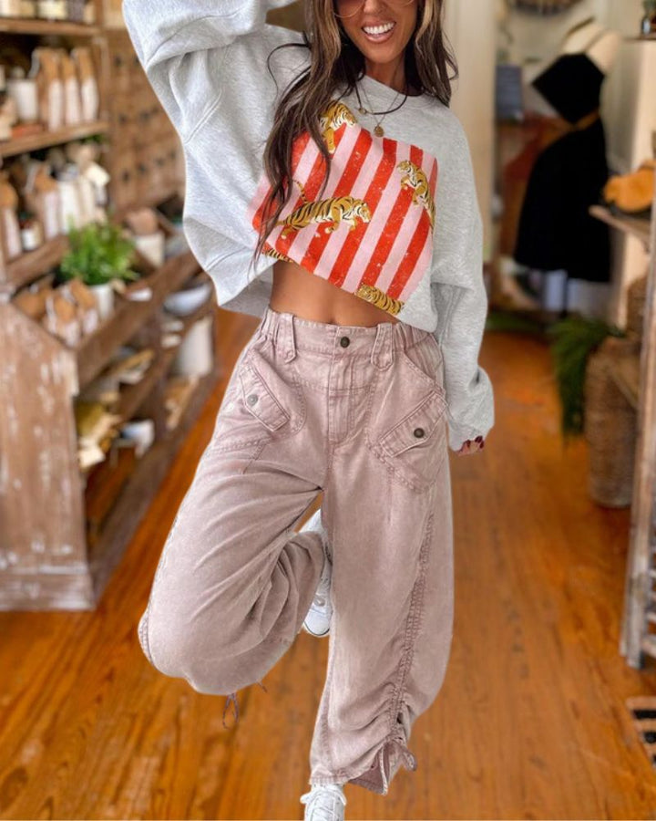 Vintage Tiger Graphic Striped Sweatshirt