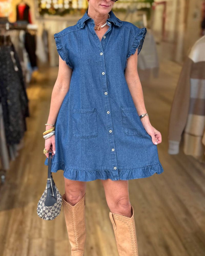 Classic Denim Ruffle Buttoned Short Dress
