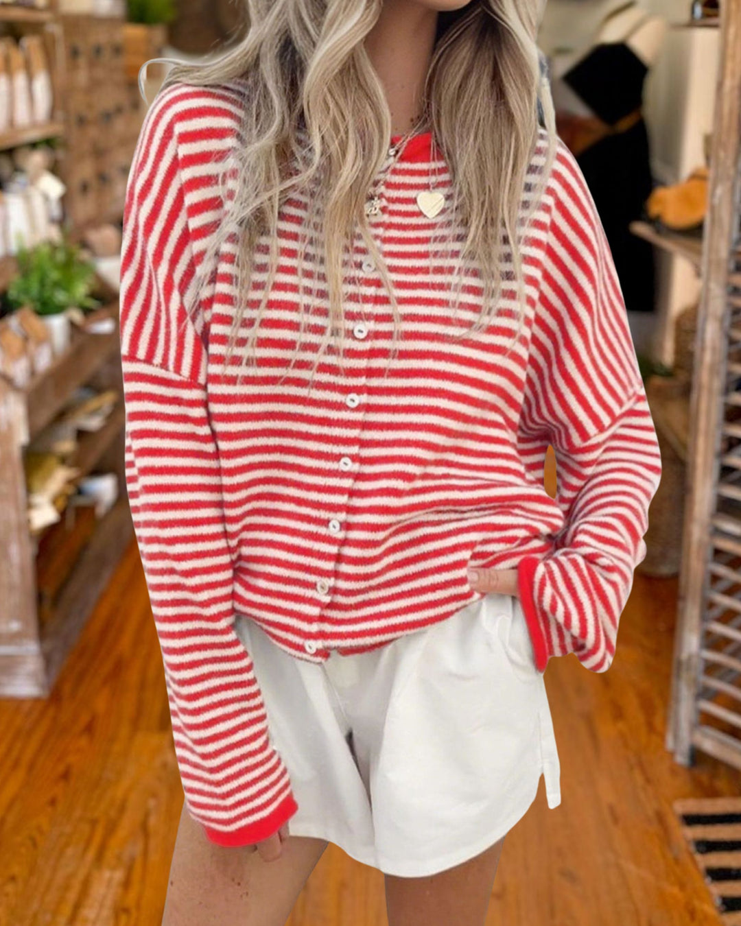 Casual Crew Neck Striped Knit Cardigan