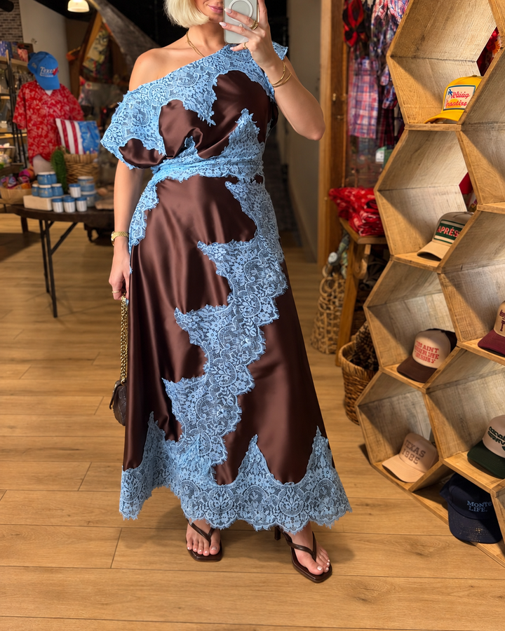 Elegant brown and blue lace one-shoulder maxi dress view 1