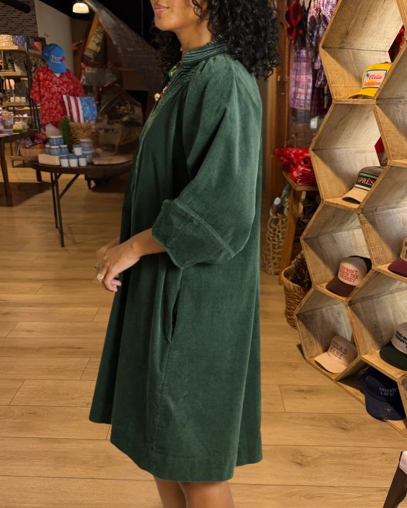 Elegant embroidered V-neck shift dress in green view 3