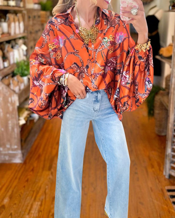 Elegant Equestrian Print Lantern Sleeve Blouse - Orange front view