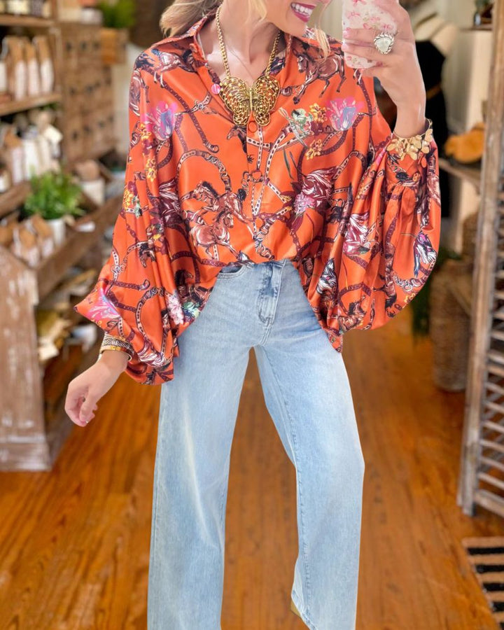 Elegant Equestrian Print Lantern Sleeve Blouse - Orange alternate view