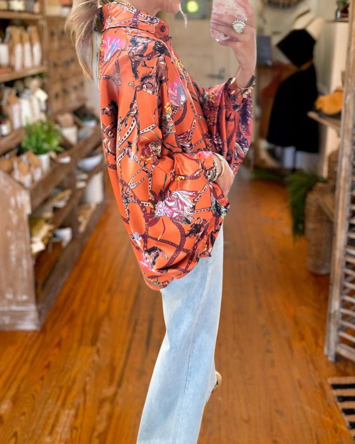 Elegant Equestrian Print Lantern Sleeve Blouse - Orange side view