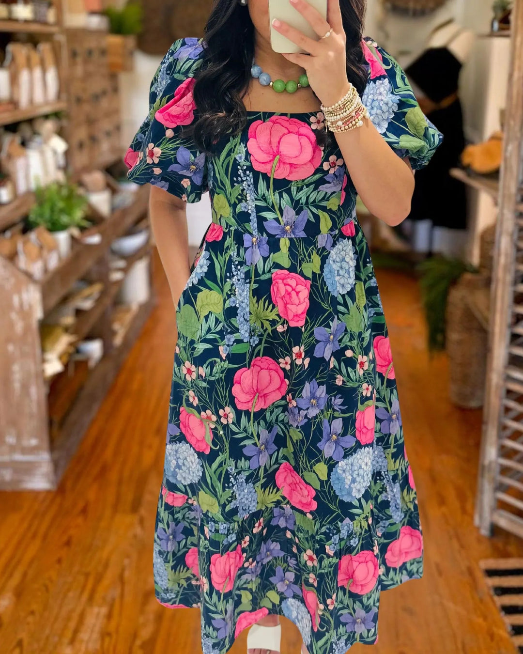 Elegant Floral Square Neck Midi Dress - Navy front view