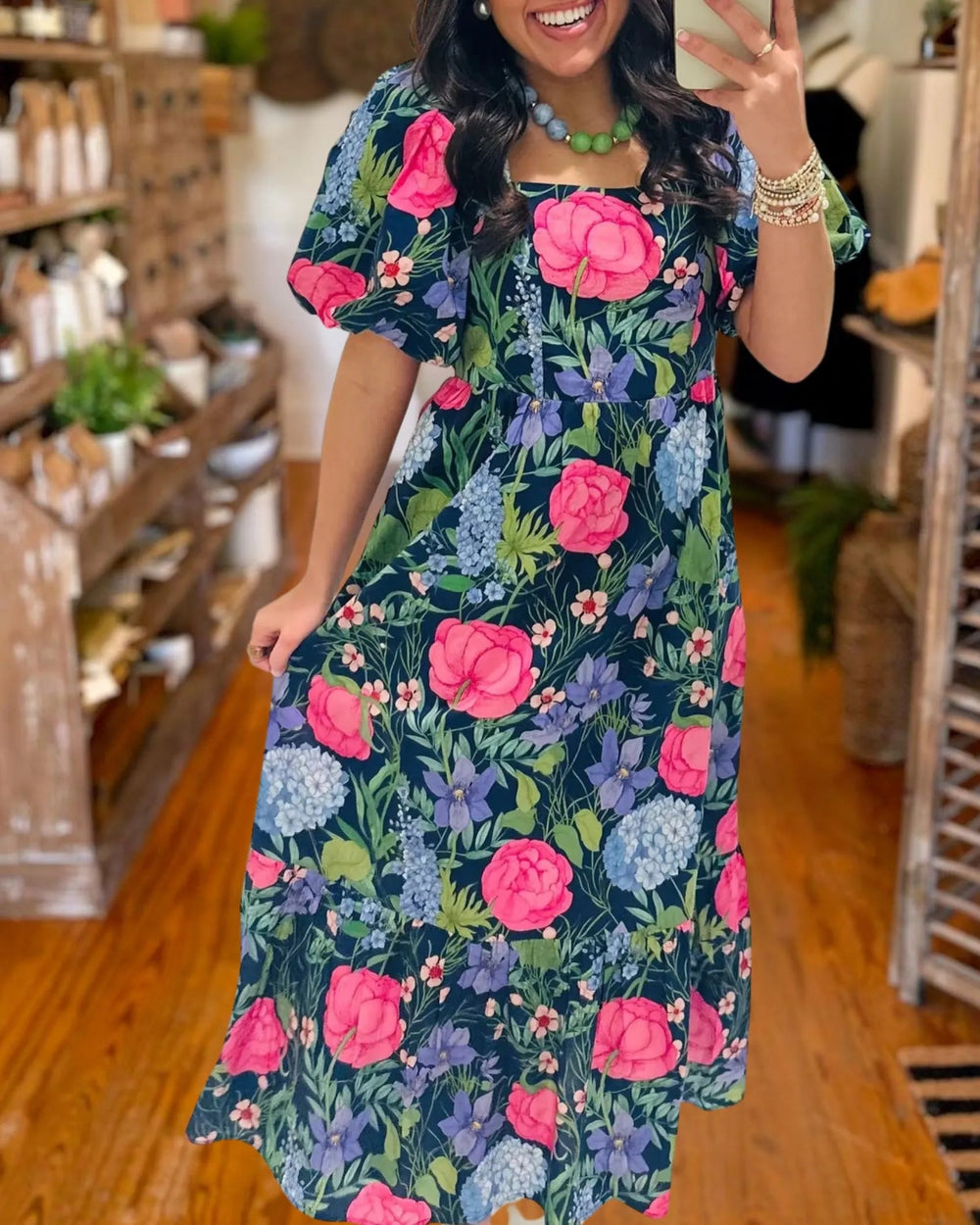 Elegant Floral Square Neck Midi Dress - Navy alternate view
