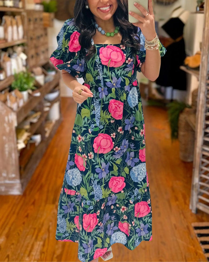 Elegant Floral Square Neck Midi Dress - Navy side view