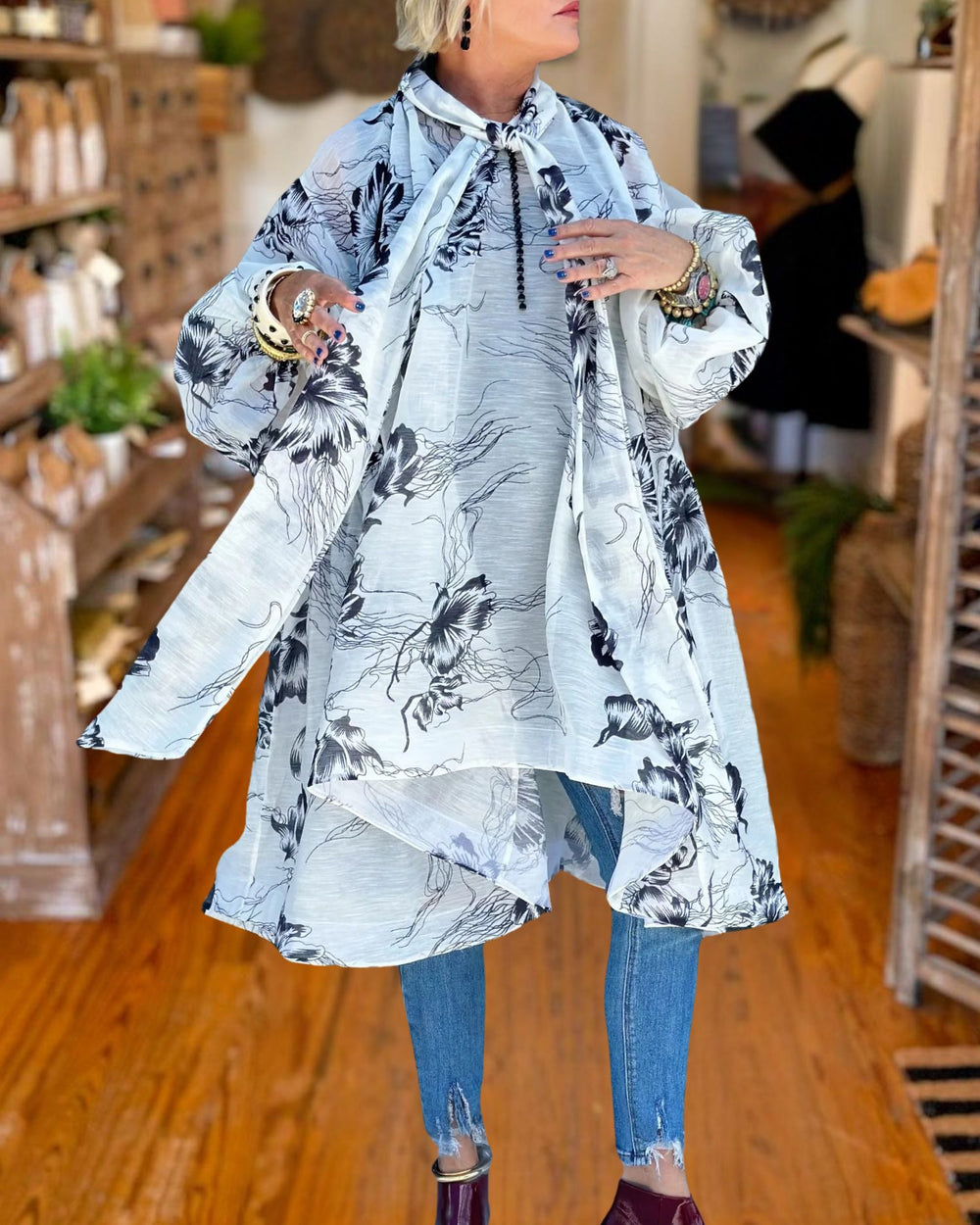 Elegant Floral Tie Neck Cape Dress styled view