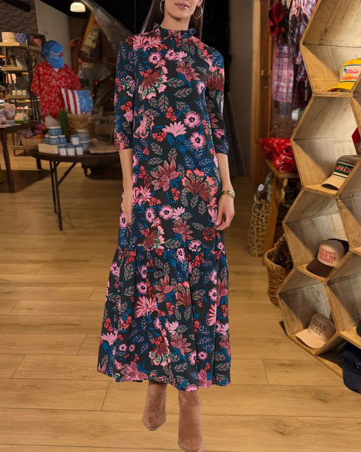 Elegant Vacation Navy Floral Ruffle Neck Maxi Dress