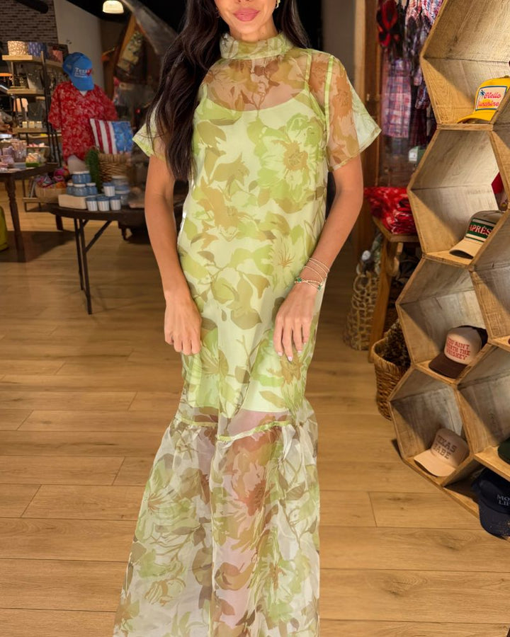 Elegant Sheer Floral Tie-Neck Tiered Maxi Dress - Lime Green