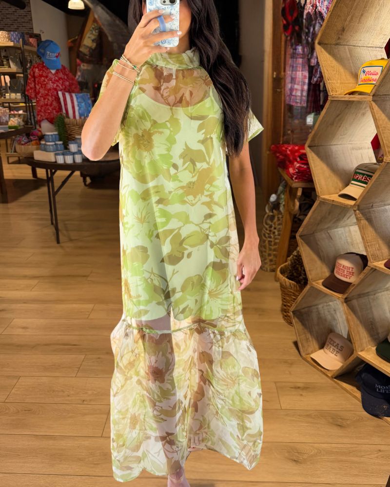 Elegant Sheer Floral Tie-Neck Tiered Maxi Dress - Lime Green
