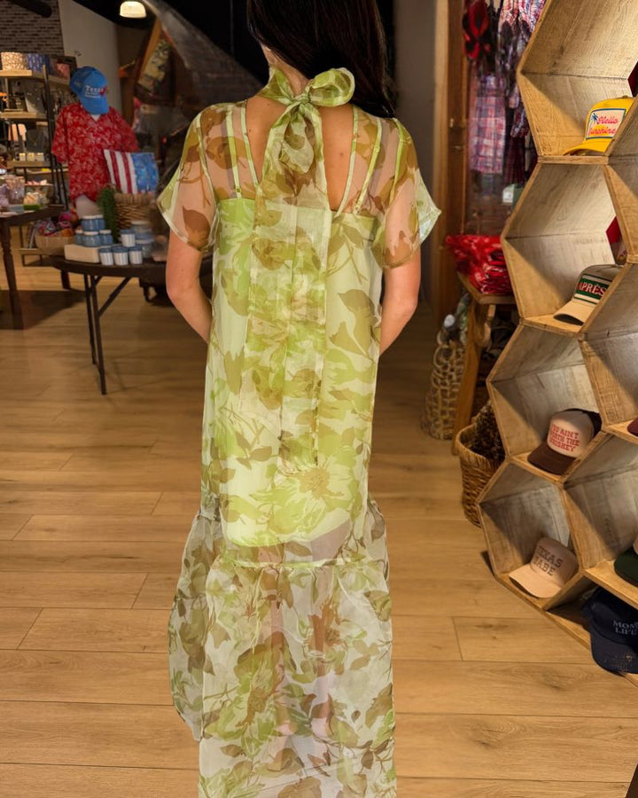 Elegant Sheer Floral Tie-Neck Tiered Maxi Dress - Lime Green