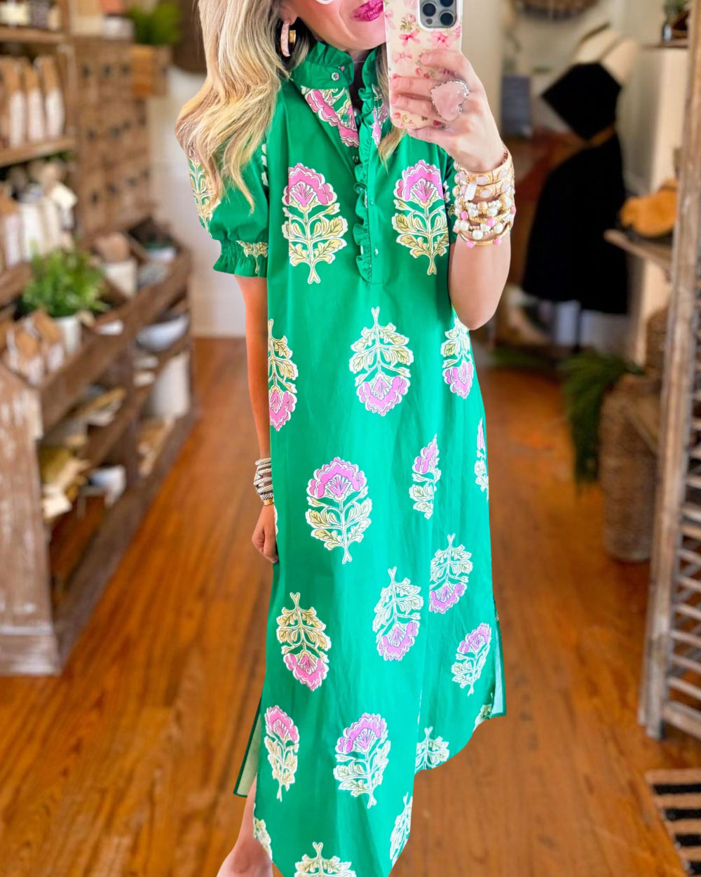 Chic Emerald Floral Midi Dress 