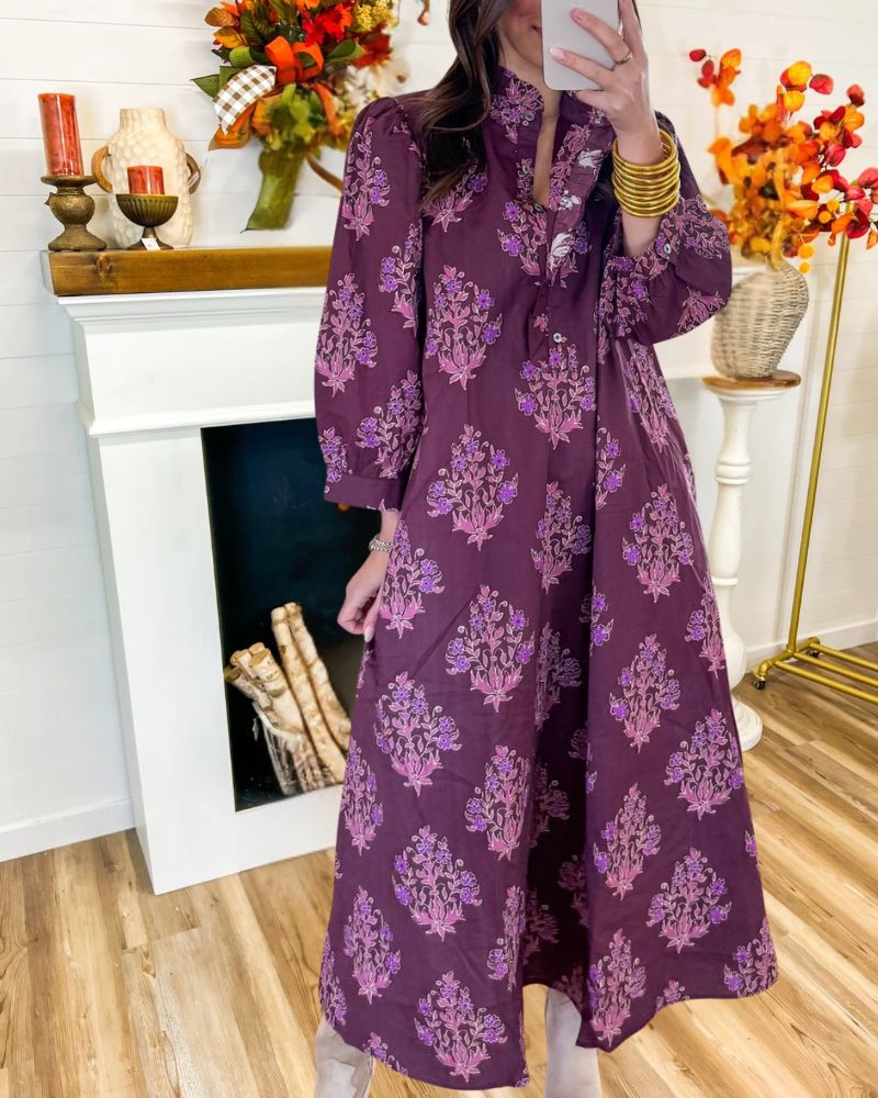 Vintage Floral Print Long Sleeve Maxi Dress
