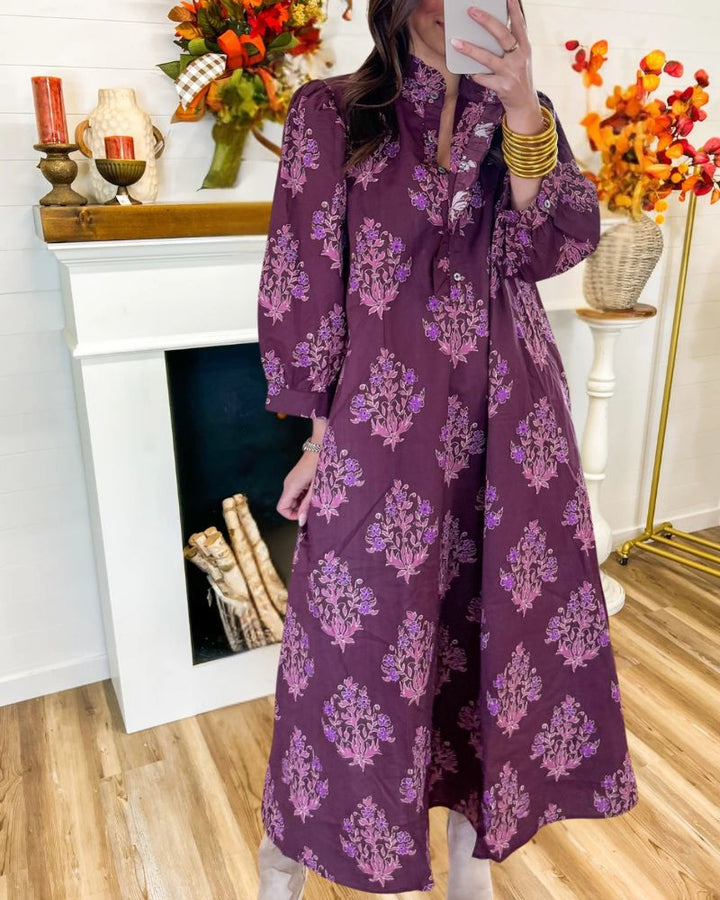 Vintage Floral Print Long Sleeve Maxi Dress
