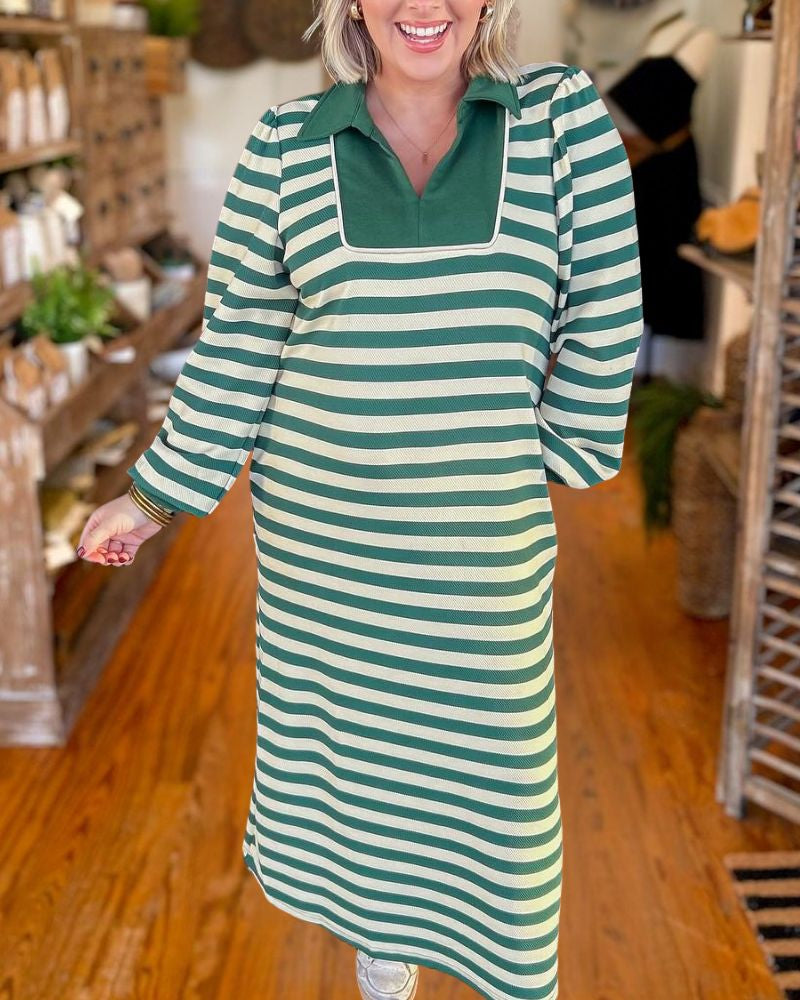 Green Striped Polo Midi Dress