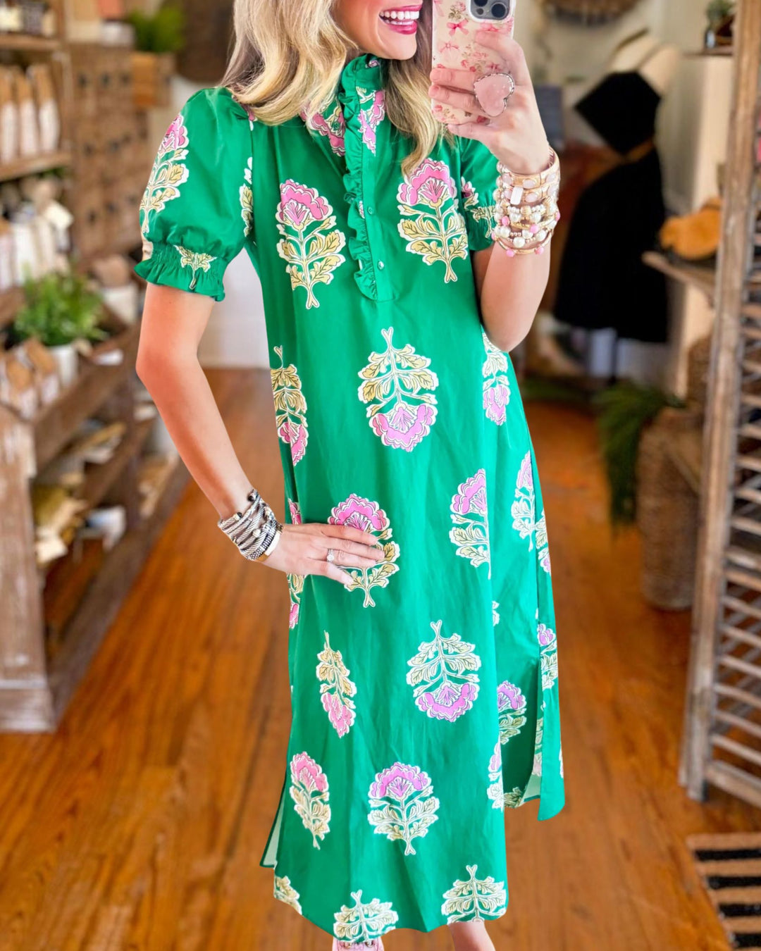 Chic Emerald Floral Midi Dress 