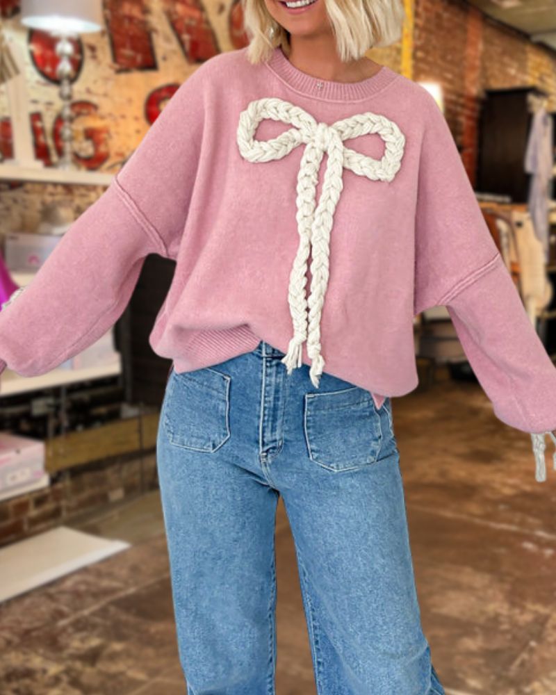 Bow Knitted Sweater Long Sleeve Top