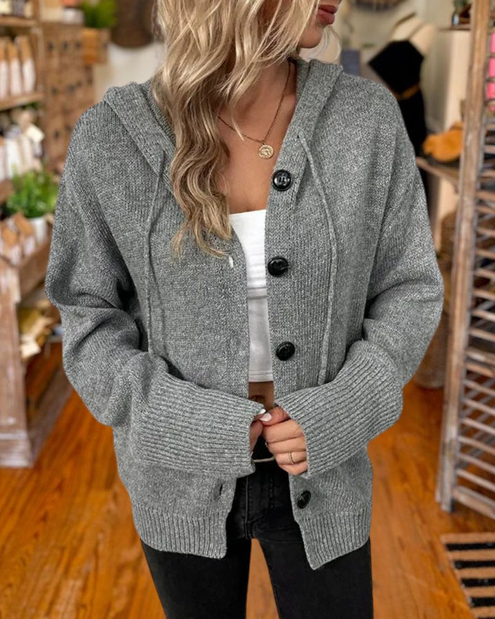 Casual Solid Button Front Hooded Knit Cardigan