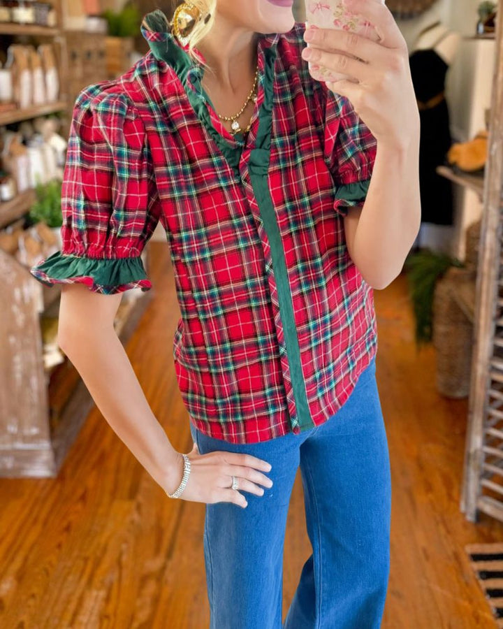Vintage Plaid Ruffle Blouse