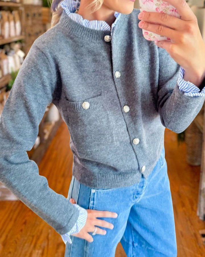 Preppy Knit Cardigan with Shirt Collar