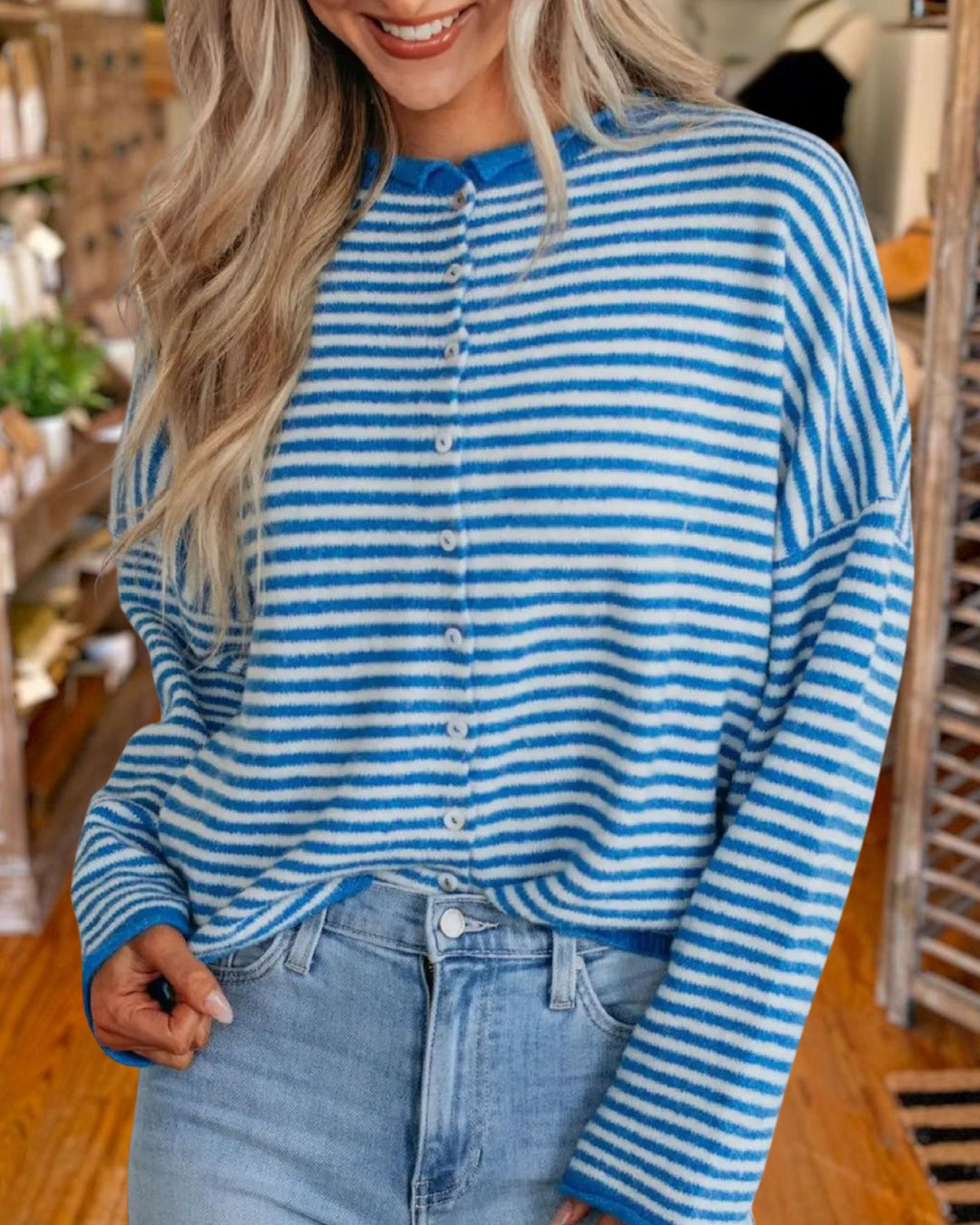 Casual Crew Neck Striped Knit Cardigan