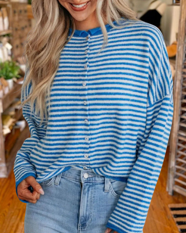 Casual Crew Neck Striped Knit Cardigan
