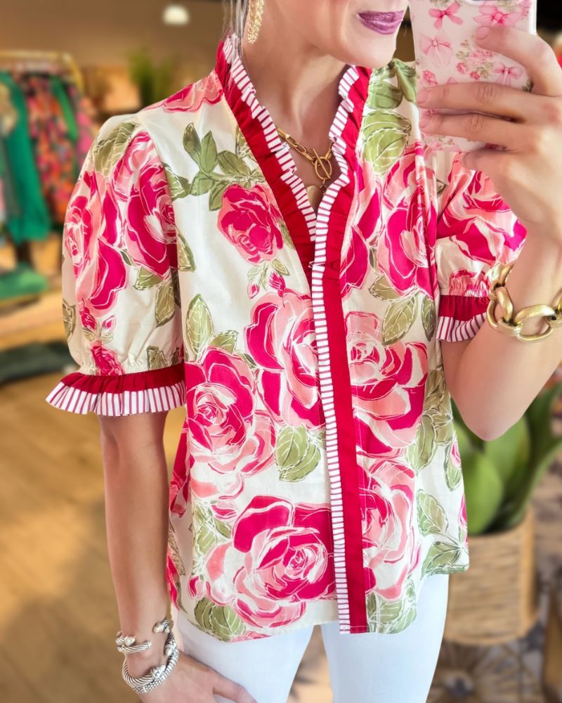 Colorblock Floral Stand Collar Blouse