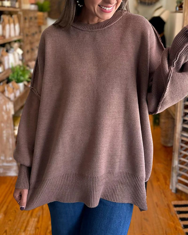 Cozy Batwing Sleeve Side Slit Knit Sweater