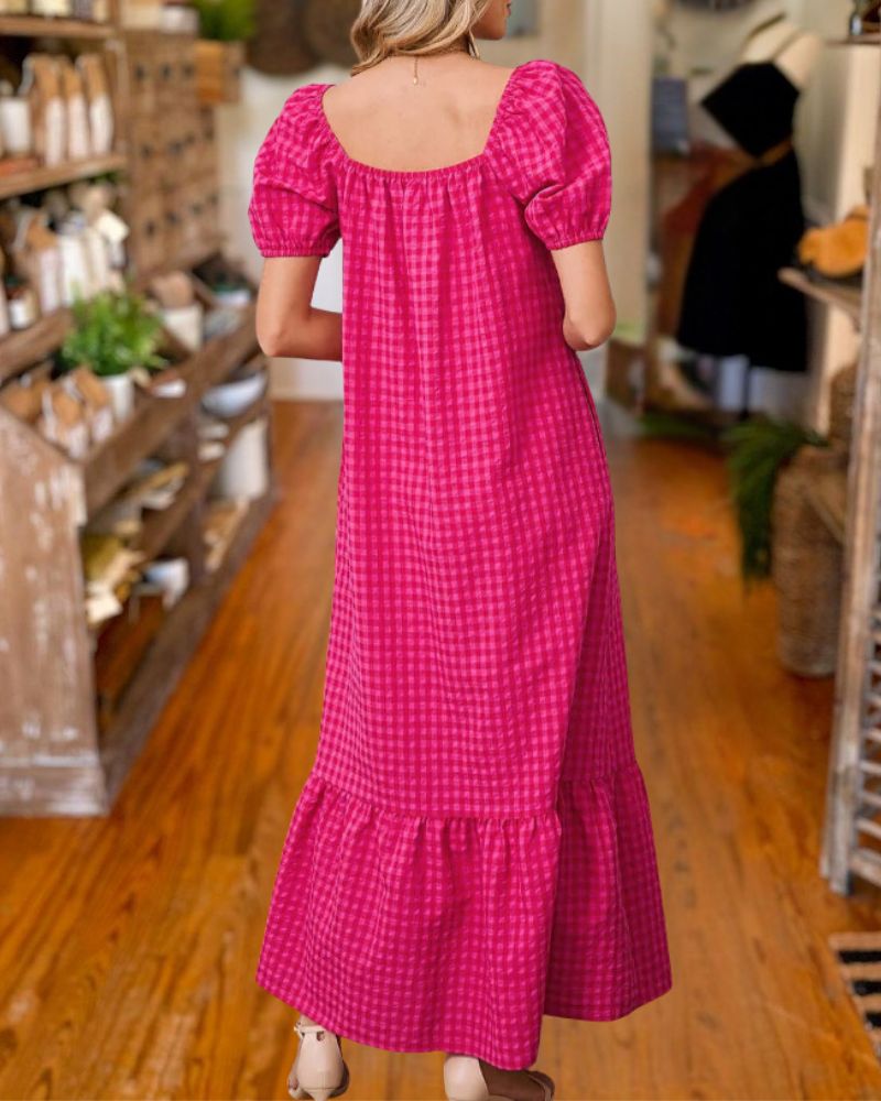 Gingham Square Neck Puff Sleeve Maxi Dress