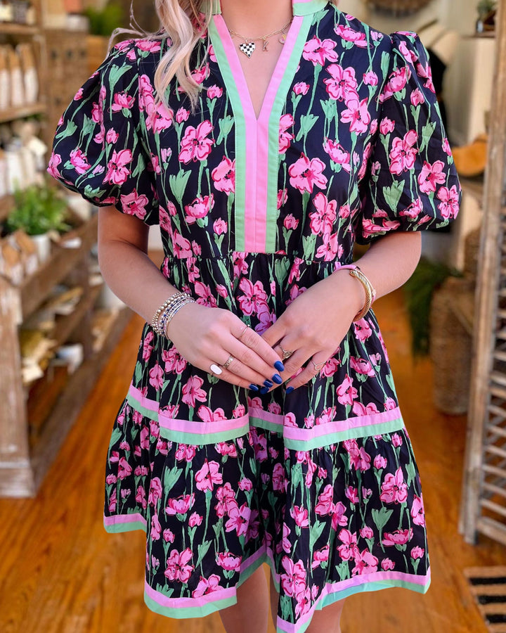 Chic Floral Puff Sleeve Babydoll Mini Dress
