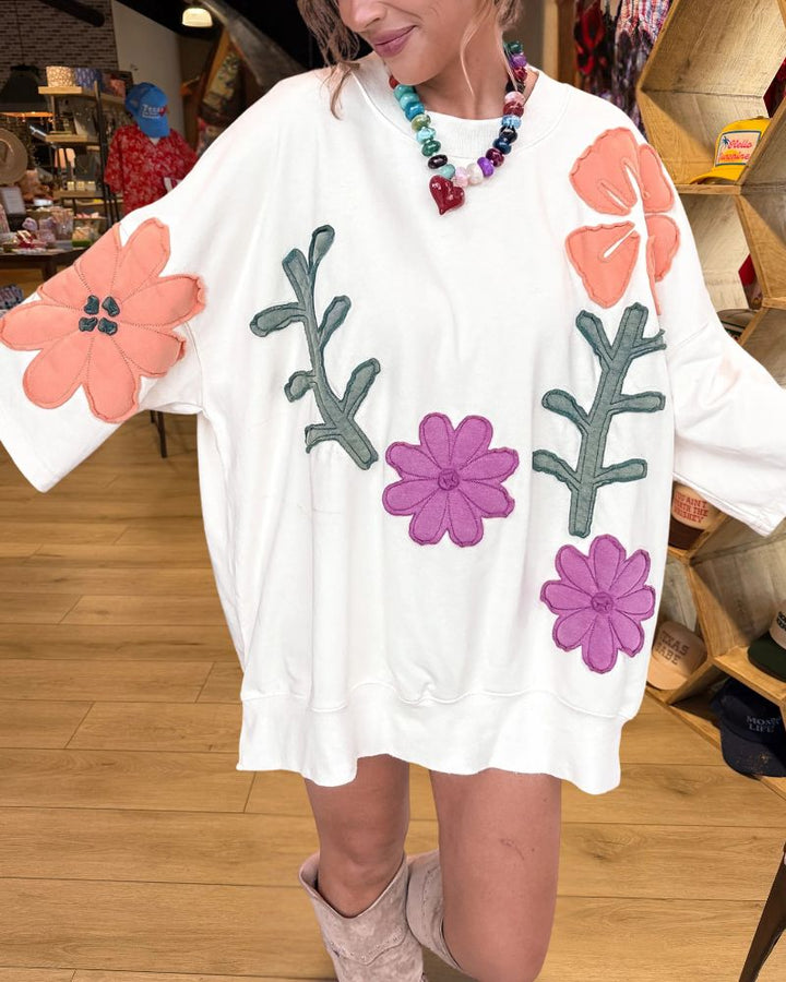 Floral Applique Oversized Sweatshirt Dress in Beige detail