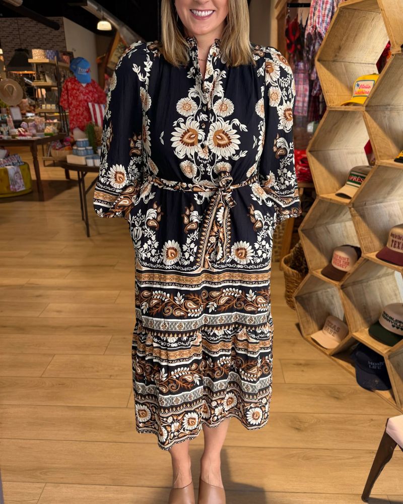 Black floral belted maxi dress front view