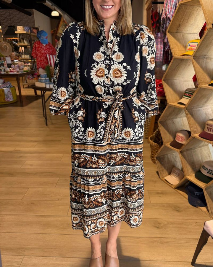 Black floral belted maxi dress front view