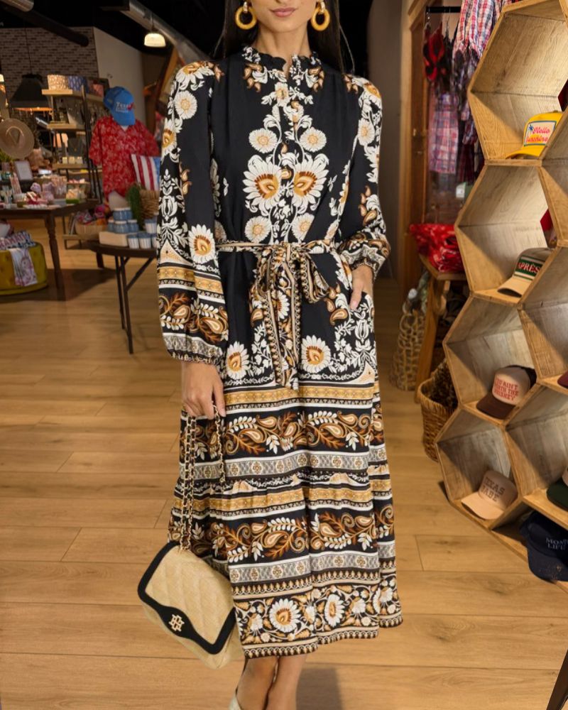 Black floral belted maxi dress styled front view