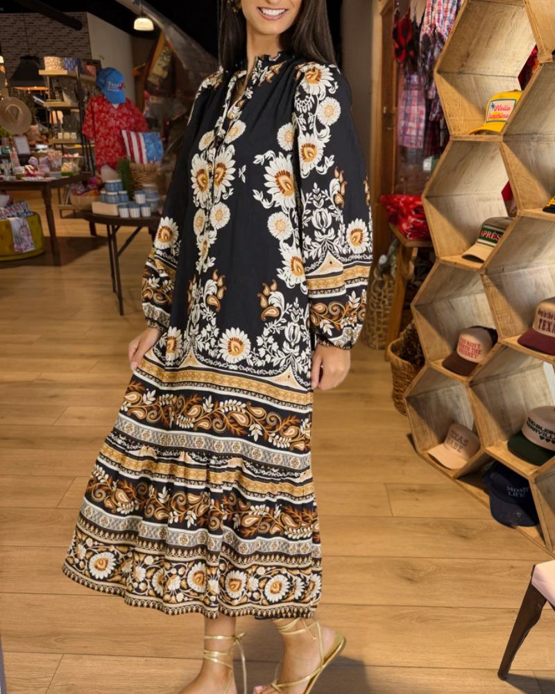 Black floral belted maxi dress side view