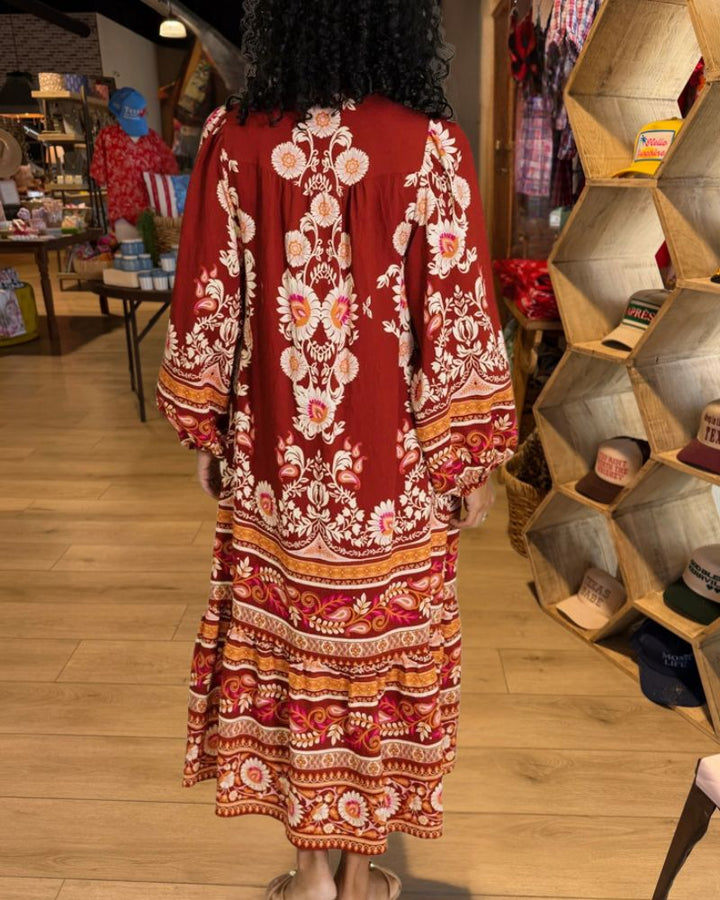 Red floral belted maxi dress back view