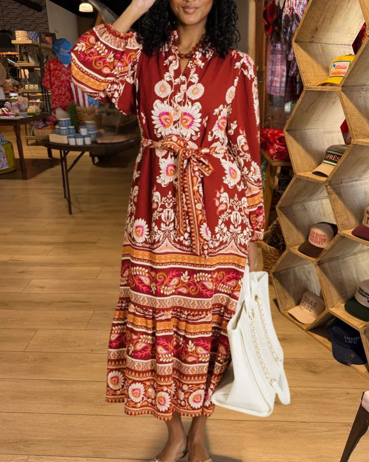 Red floral belted maxi dress styled front view