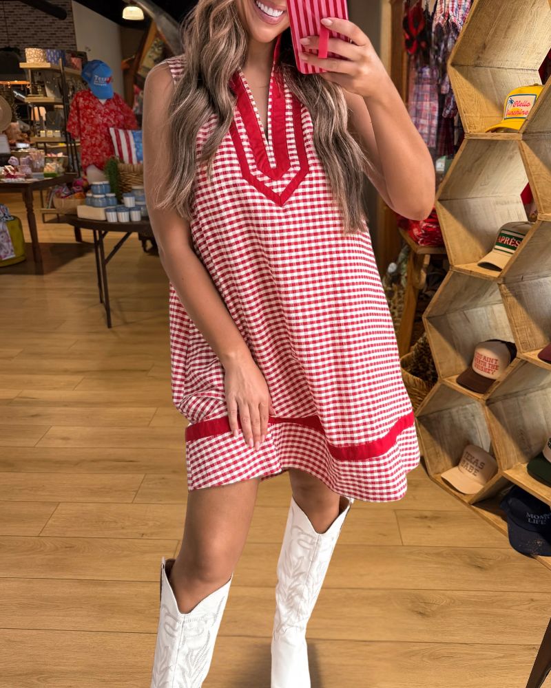 Fresh Gingham Pocket Mini Dress in red styled view