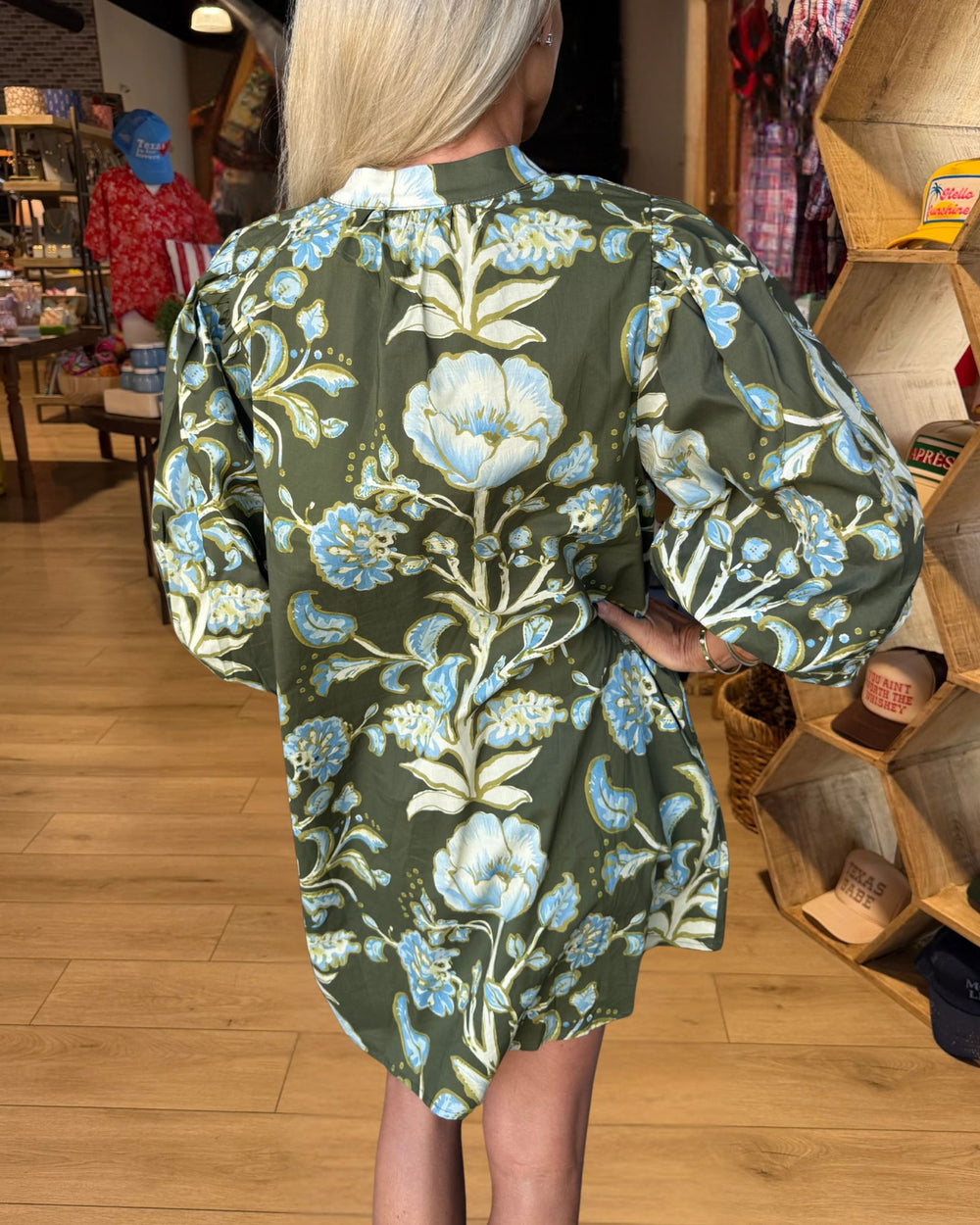 Green and blue floral V-neck mini dress back view