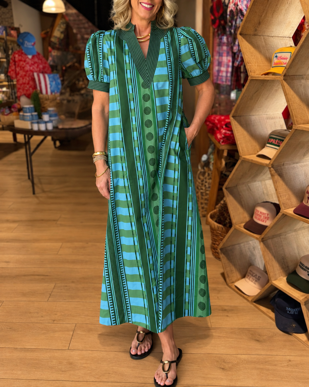 Green and blue mixed print puff sleeve maxi dress front view