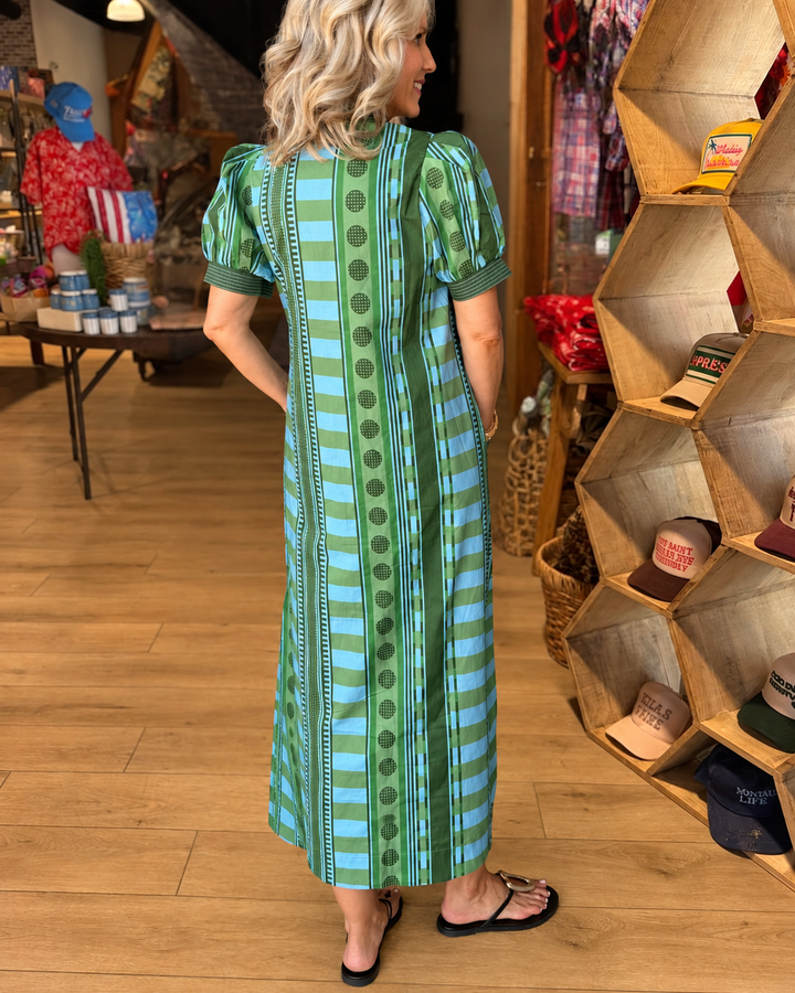Green and blue mixed print puff sleeve maxi dress back view