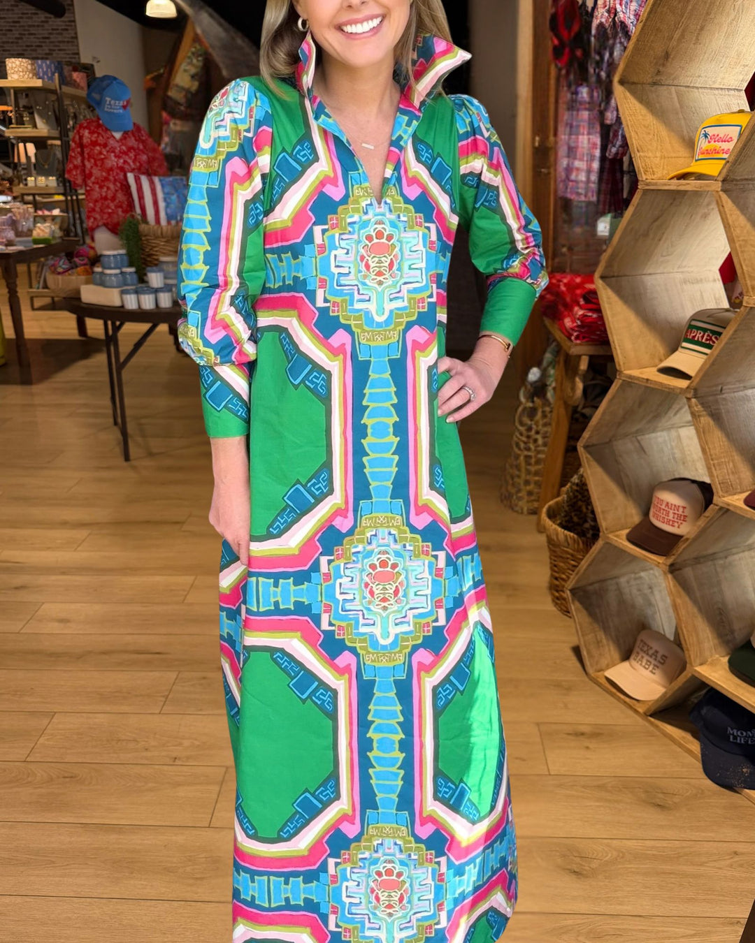 Green multicolor geometric print collared maxi dress front view
