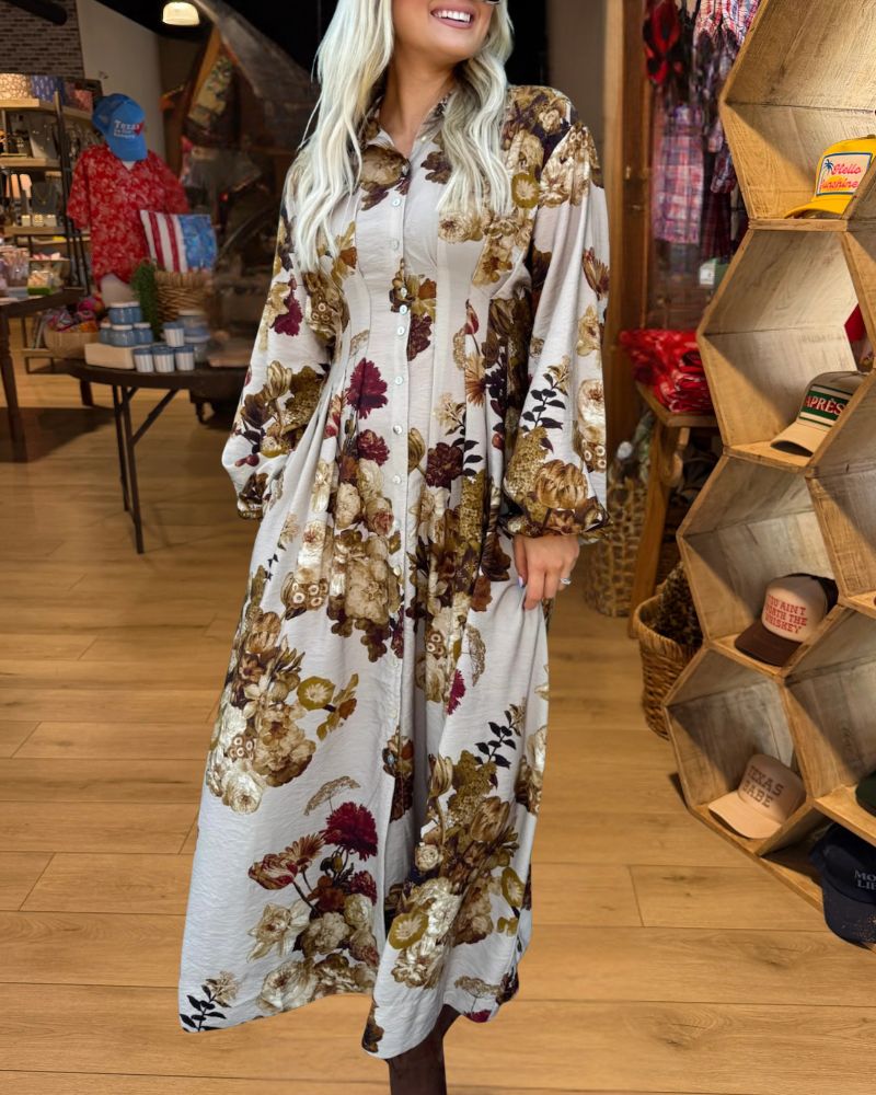 Ivory autumn floral maxi shirt dress front view