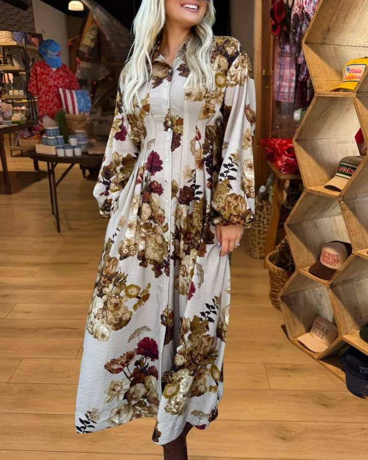 Ivory autumn floral maxi shirt dress front view