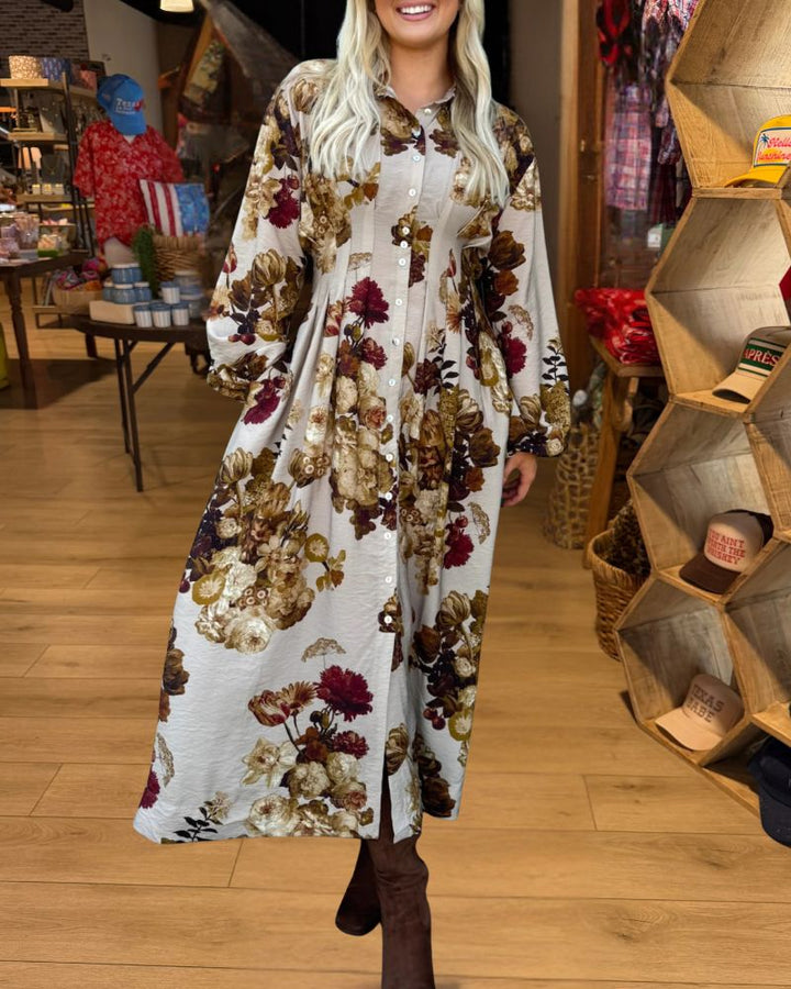 Ivory autumn floral maxi shirt dress alternate front view