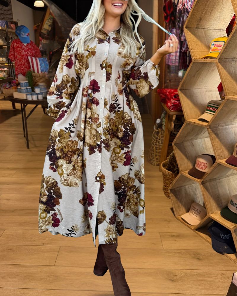 Ivory autumn floral maxi shirt dress styled view