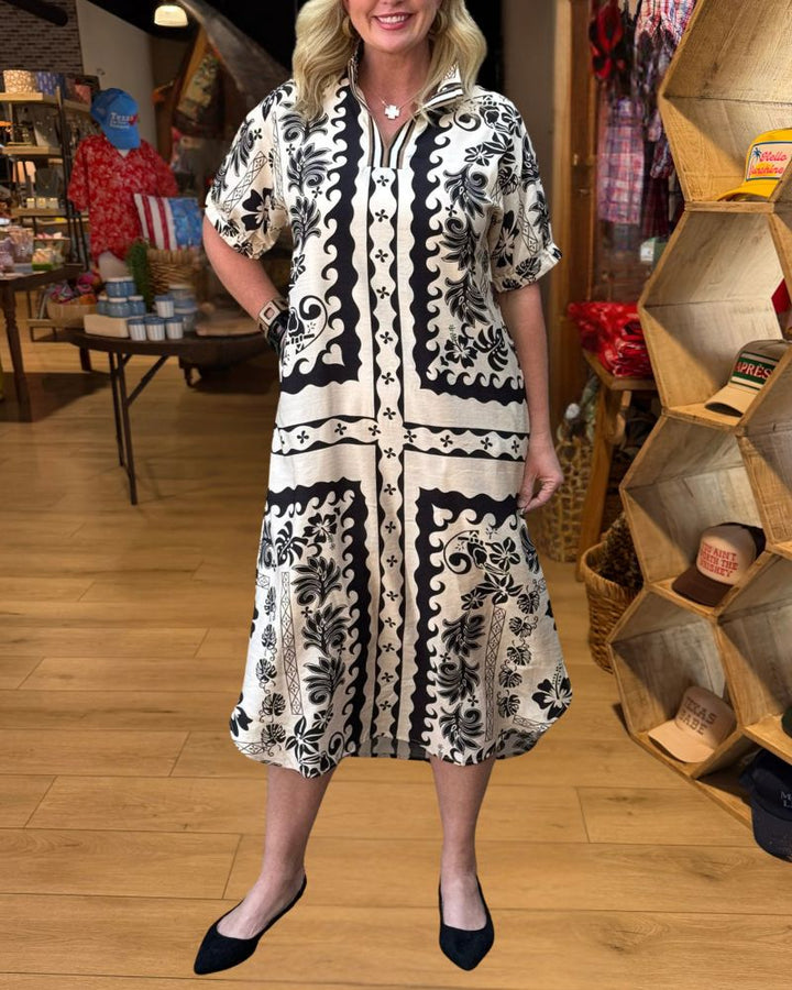 Ivory black print midi shirt dress front view