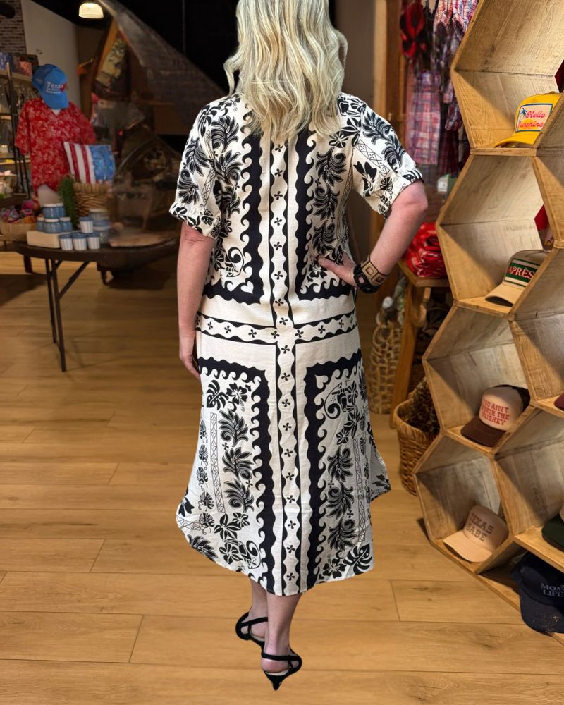Ivory black print midi shirt dress back view