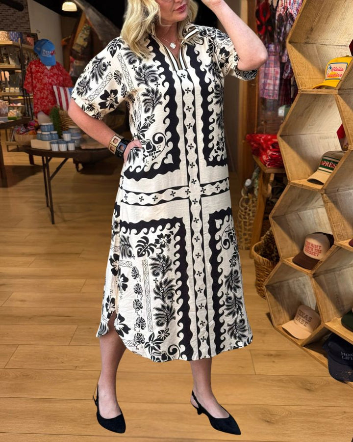 Ivory black print midi shirt dress styled front view